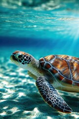 Fototapeta premium Elegant turtle gliding through clear blue ocean waters at midday