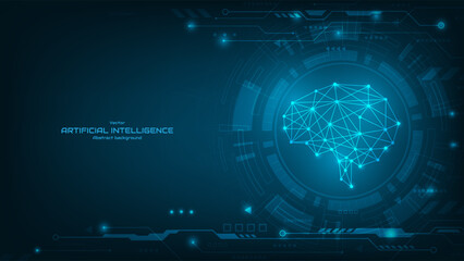 Artificial intelligence brain on futuristic background.  AI technology, automation, generative, neural network, and machine learning concepts. Neural mind, cognition, innovation. Vector illustration.