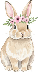 Cute Bunny with Flower Crown Watercolor Illustration