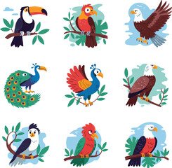 Obraz premium Collection of Exotic Colorful Birds Sitting on Tree Branch Wildlife Nature Vector Illustration