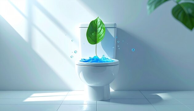 Minimal 3D render of modern toilet and blue water bubble symbolizing clean sanitation and eco awareness for World Toilet Day, bright spotlight and elegant shadows.