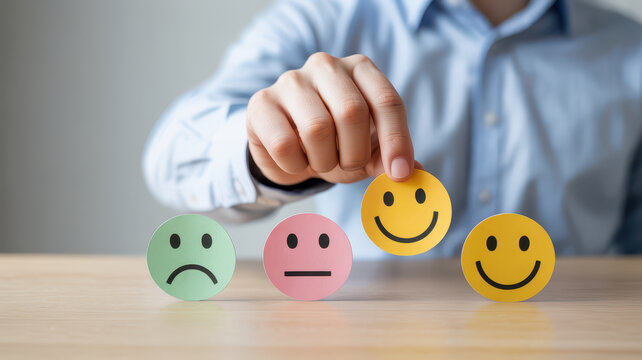 Colorful emoticons representing emotions displayed on table, showcasing hand selecting happy face, conveying positivity and choice