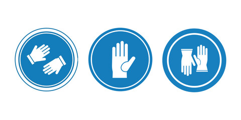 Set of three blue oval safety signs with white icons depicting different types of protective gloves for workplace safety