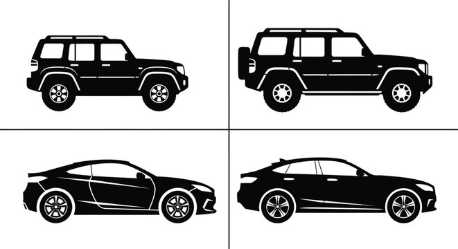 Black car silhouettes suv and sports cars vector illustration editable vector