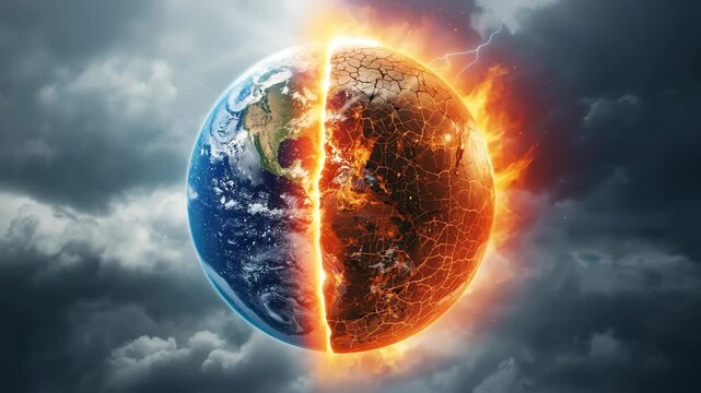 Earth divided in half, one side lush and green, the other burning and cracked, representing climate change