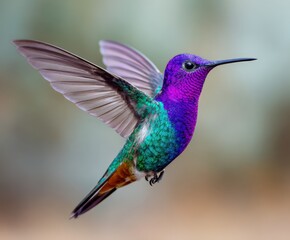 Naklejka premium Iridescent hummingbird in flight displaying vibrant colors against a soft background