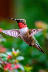 Naklejka premium Iridescent hummingbird hovering near colorful flowers in a lush garden