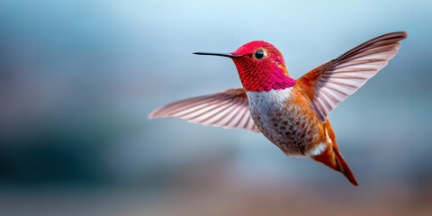 Naklejka premium Iridescent hummingbird hovering in a vibrant garden during daytime