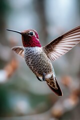 Naklejka premium Iridescent hummingbird in mid-flight with colorful plumage in soft focus background