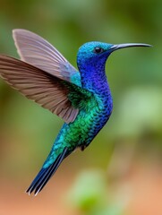 Obraz premium Iridescent hummingbird hovering near flowers in a lush green environment