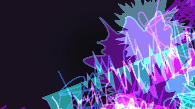 Abstract digital art with vibrant purple and teal scribbles and geometric shapes on a dark background