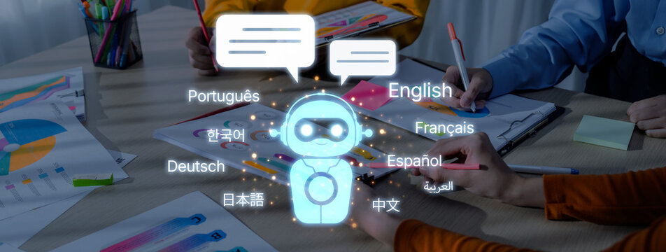 This image illustrates a collaborative workspace where diverse individuals discuss ideas with a digital assistant, emphasizing the importance of multilingual communication for creativity. Trope