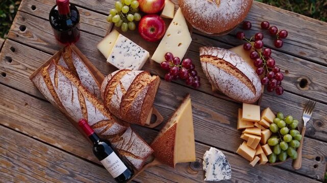 rustic wooden table with artisan breads and assorted cheeses, grapes, apple, crackers and wine bottle arranged in overhead still-life composition; warm golden light, textured crusts, sliced loaf,