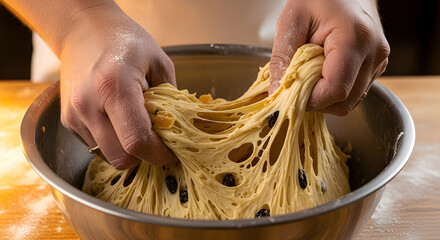 Hands kneading panettone dough — artisan bakery process, cozy ambient kitchen light.