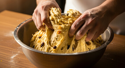 Hands kneading panettone dough — artisan bakery process, cozy ambient kitchen light.