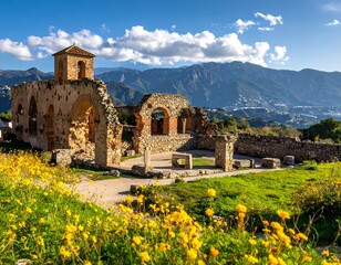 Ruined church in a sunny mountain landscape
