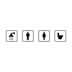 Toilet icon set. WC sign. Washroom, male, female, unisex accessible, baby changing table room, shower, handicap.         Public bathroom pictogram.  