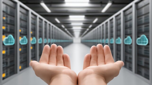 Open hands presenting digital connectivity in a modern data center showcasing cloud technology symbols and virtual networks emphasizing future innovation and digital transformation - Powered by Adobe
