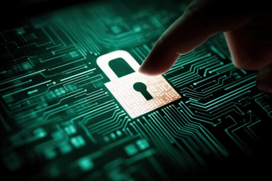 Digital security concept with a hand hovering over a lock icon illuminated on a green circuit board background representing the importance of cybersecurity and data protection