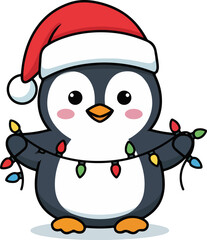Cute Christmas Penguin with Santa Hat and Lights Cartoon Vector