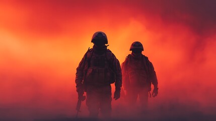 Two silhouetted soldiers stand against a dramatic, fiery backdrop, symbolizing courage and resilience in a hostile environment.