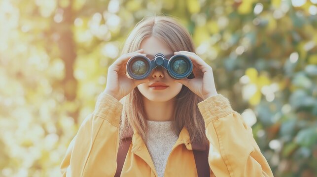 Young woman exploring nature with binoculars and a curious expression in a green forest