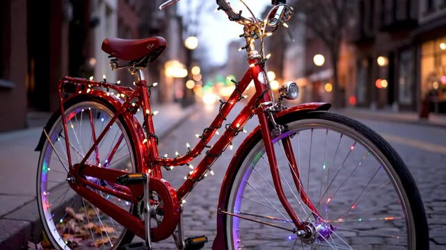 Red bicycle with fairy lights parked on a cobblestone street