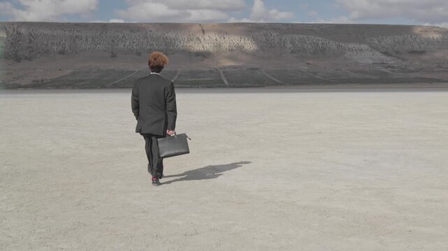 A curly-haired teenager in a business suit, carrying a briefcase, walks across dry ground on a hill with a vineyard.