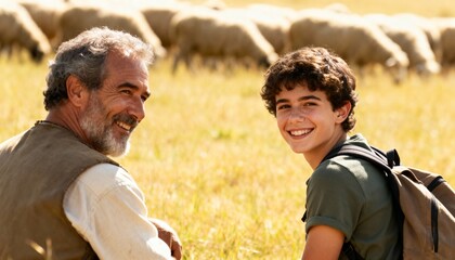 Grandfather shepherd and grandson herding sheep in the countryside