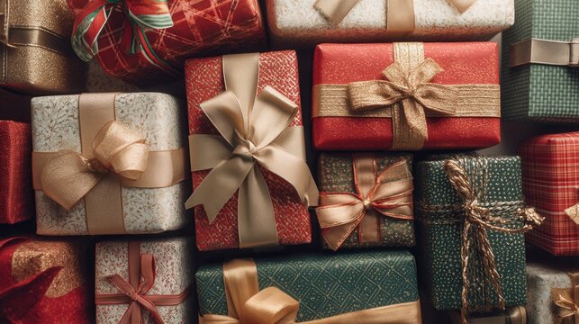 Colorful assortment of beautifully wrapped gifts in various patterns and textures, adorned with ribbons and bows, creating a festive atmosphere for celebrations and special occasions
