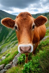 Cow standing on a grassy hillside in a mountainous area under a cloudy sky