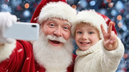 Joyful santa and child taking selfie during christmas celebration