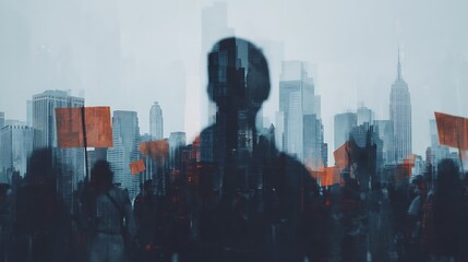 A silhouette stands amidst a crowd holding signs in front of a city skyline, conveying a sense of protest and collective action.