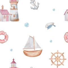 Seamless watercolor nautical pattern with lighthouse, sailboat, anchor, lifebuoy, captain hat, and ship wheel. Perfect for kids designs, fabrics, wallpapers, and summer decorations.