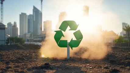 Green recycling sign standing on soil with sunlight and city buildings in the distance, highlighting urban sustainability and environmental awareness