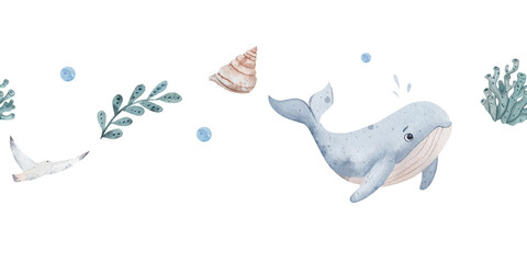 Whimsical kids watercolor seamless border with happy whale, green seaweed. Playful underwater scene with seashell, air bubbles on white background. Cheerful edge trim for nursery decor, marine themes.