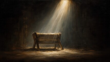 Wooden manger illuminated by soft rays of light in a darkened stable, surrounded by hay, creating a serene and peaceful atmosphere for reflection and The Birth of Jesus contemplation
