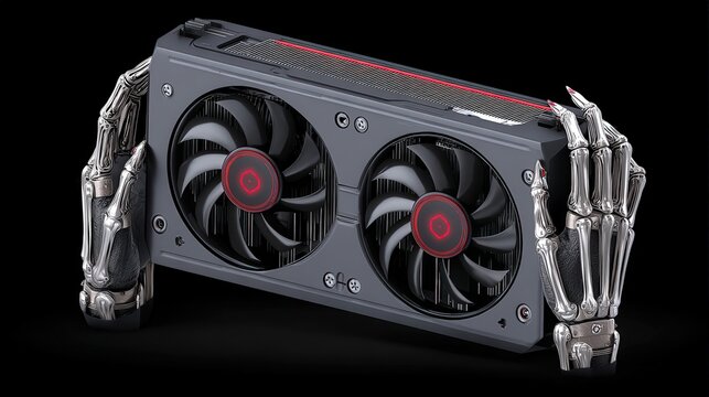 Technological innovation embodied in futuristic graphics card held by robotic hand illustrating convergence of artificial intelligence and digital enhancement captured with clarity