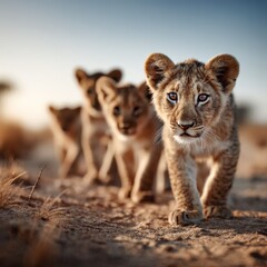 Fototapeta premium Playful lion cubs explore sandy terrain during golden hour in the wild