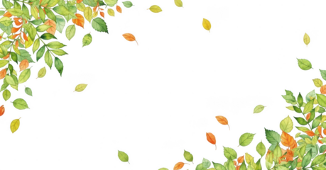 Foliage border with green and orange leaves isolated illuustration on transparent background