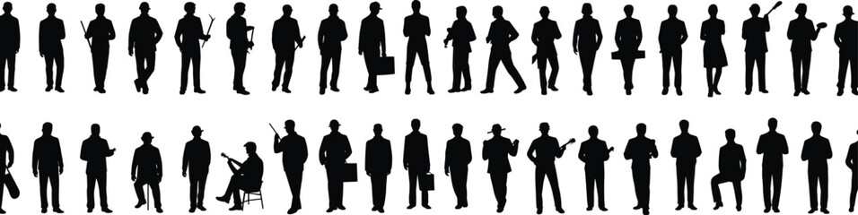Business silhouettes, professional people, corporate poses, office workers, teamwork, leadership, mobile devices, briefcases, diversity, standing, walking, talking, communication, business attire, 