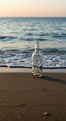 Clear glass bottle resting on damp coastal sand near the gently receding tide, capturing the essence of ocean travel and maritime mystery ,damp ,environment ,discovery