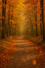 Autumn forest path with golden fallen leaves and warm light