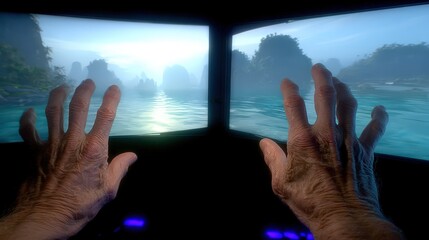 Immersive virtual reality experience with elderly hands reaching toward a serene landscape evoking nostalgia and exploration in a tranquil environment captured with clarity