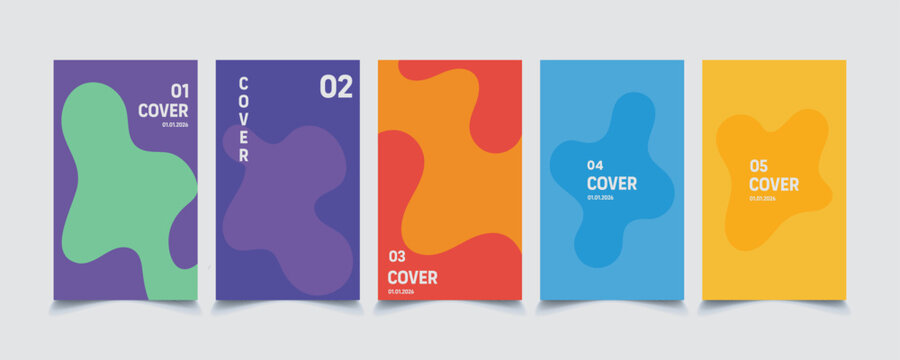 Group of five abstract fluid shapes on a plain background, modern design, colorful