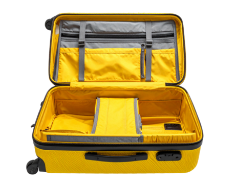 Open Yellow Travel Suitcase with Visible Interior Compartments, Isolated Transparent Background PNG
