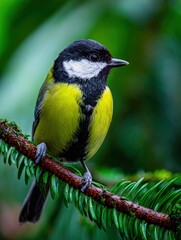 Great tit bird perched on a green branch in a peaceful forest setting