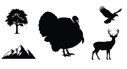 Naklejka premium Silhouette collection featuring a turkey deer eagle tree and mountains