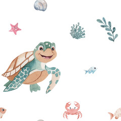 Cheerful kids seamless pattern with happy turtle, cute crab and blue fish. Hand drawn watercolor seashells and green seaweed on white background. Whimsical underwater design for nursery decor, fabric.