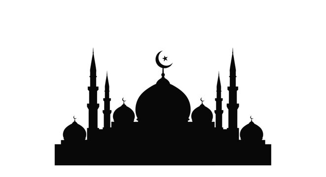 A striking silhouette of a mosque with minarets and a crescent moon